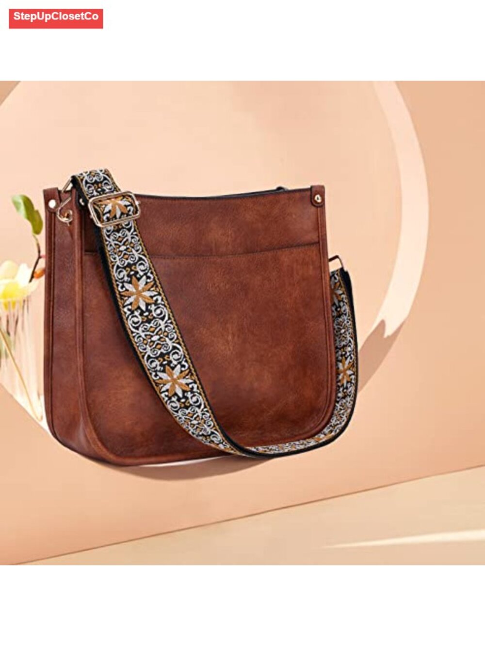 Women's Vegan Leather Hobo Crossbody Bag with 2 Adjustable Guitar Straps Gold - Picture 2 of 6